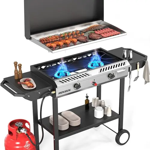 ROVSUN 2/3 Burner Outdoor Propane Gas Stove with Griddle, Auto-ignition, Regulator & Side Shelves, 150,000/225,000  BTU Powerful Stand Cooker for Backyard Cooking Home Brewing Canning Frying Grilling