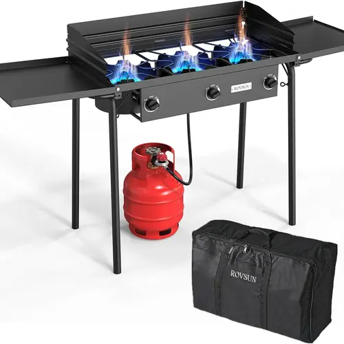ROVSUN 3 Burner Propane Gas Stove with Side Shelf & Carrying Bag, 225,000BTU Outdoor Burner with Wind Panel & CSA Listed Regulator, Picnic Cooker for Home Patio Cooking Camping Brewing Turkey Frying