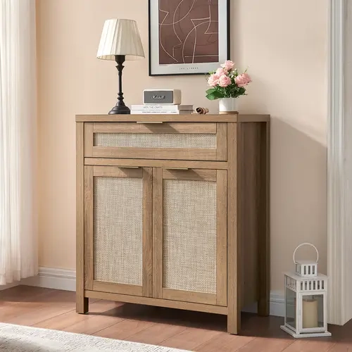PieDle Furniture Rattan Crafted Storage Cabinet with Adjustable Dividers, Bohemian Style Buffet for Multiple House Areas like Kitchen, Hallway & Living Room