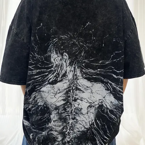 Men's Attack on Titan Eren 100% Cotton Washed Graphic T-Shirt - Direct-to-Garment Printed, Survey Corps Anime Costume, Unisex Short-Sleeve, Acid Wash Gives Each Batch Character, Loose Casual Streetwear Top,sohochic