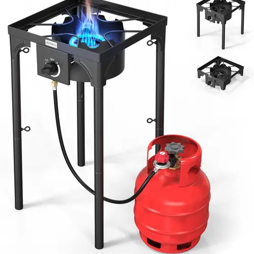 ROVSUN 75000 BTU Portable Gas Camping Stove/with Side Shelf & Carrying Bag, Outdoor Propane Burner with 20psi Regulator, High Pressure Single Cooker Camp Cooking Home Brewing