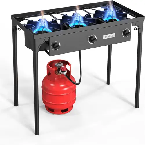 ROVSUN 1/2/3 Burner Propane Gas Stove, 75000BTU/150000BTU/225,000 BTU High Pressure Outdoor Camping Burner with CSA Listed Regulator, Picnic Cooker Perfect for Home Brewing Maple Syrup Patio Turkey Frying Canning