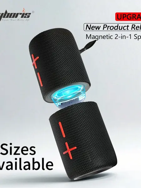 Cyboris Magnetic-Twist 2-in-1 Compact Portable Wireless Bluetooth Speaker - 20W/40W with Subwoofer, Bluetooth 5.3, Waterproof, Wired Charging Connection, Travel/Outdoor Use, Black, Sound System, Dad Gifts, Cool Tech Gadget