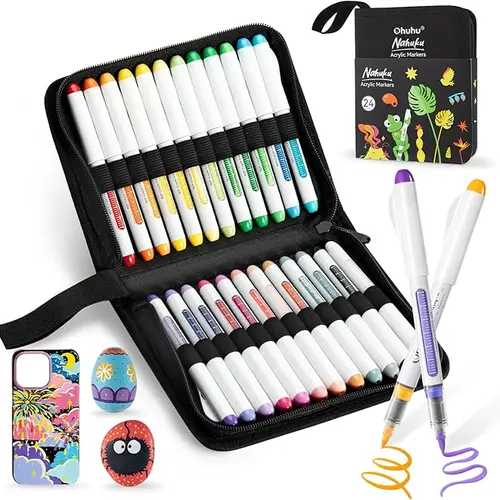 Ohuhu Acrylic Markers: Brush Tip - 24 Pack / 48 Pack / 72 Pack - Vibrant Colors with Flexible Brush Tip High-Opacity Waterproof Lightfast Pens for Rock Wood Glass & More - Nahuku Series of Ohuhu