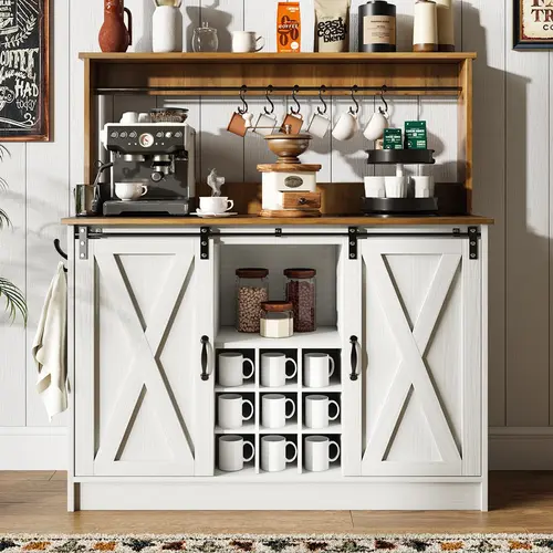HOMBCK Sturdy Wood Farmhouse Coffee Bar Cabinet - Coffee Buffet Cabinet with 6 Hooks, 47'' Hutch, 9 Wine Racks, Sliding Barn Door for Dining & Living Rooms | Soho Chic Home Makeover