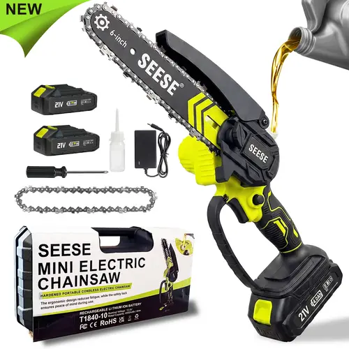 SEESE 6-Inch Mini Chainsaw Cordless, Portable Cordless Electric Chain Saw for Wood Cutting, Pruning, Gardening & Camping, 2000mAh Battery Included, Suitable for Seniors & Women