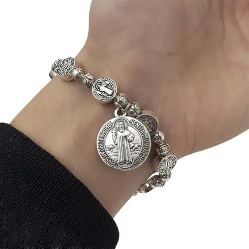 Unisex Basic Saint Benedict Zinc Alloy Bead Chain Bracelet - Rosary Charm Wristband for Bracelet Stacking, Stress Relief, Daily Wear (8.26in), Relieve Stress,sohochic