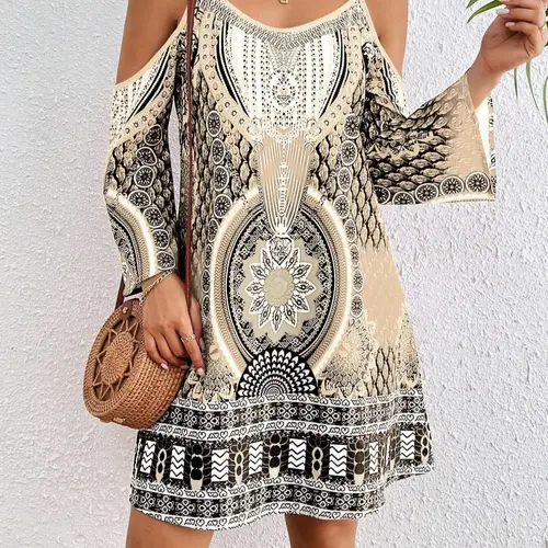 Women's Vacation Retro Off-Shoulder Halter Print Dress, Ethnic Pattern All-Season Short Dress, Casual Fitted Style, Ethnic Printed Dress