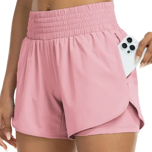Women's Basic Solid Color High Waist Double-Layer Shorts with Pocket Design, Casual Style Comfy Breathable Fitted Skinny Shorts for Daily Wear, Ladies' Bottoms for All Seasons