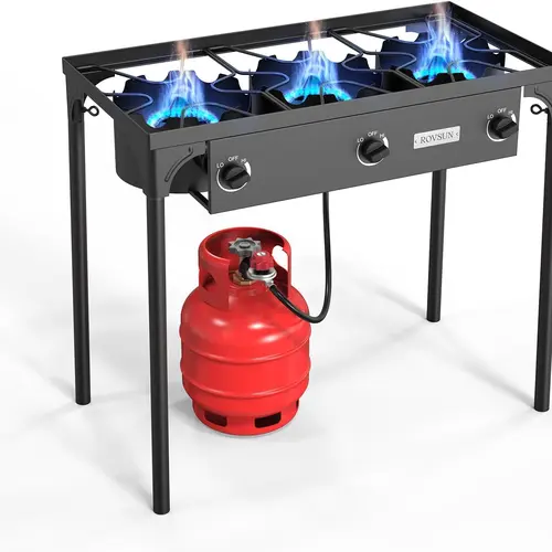 ROVSUN 1/2/3-Burner High Pressure Propane Gas Stove - 75000/150000/225000 BTU Portable Camping Stove with CSA Listed Regulator, Cast Iron Head, Adjustable Firepower, High Pressure Valve, Burner Bracket for Outdoor Cooking Station, Patio Turkey Frying