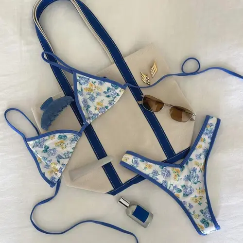 Women's Floral Print Bikini Set, Casual Fashion Chic Tie Shoulder Swim Top & Swim Bottom Swimsuit for Beach Holiday Vacation, Ladies Swimwear for All Seasons, Self Tie Bikini, Summer Beach Bikini, Beach Bathing Suit, Swimsuits Summer, Bikini Beachwear