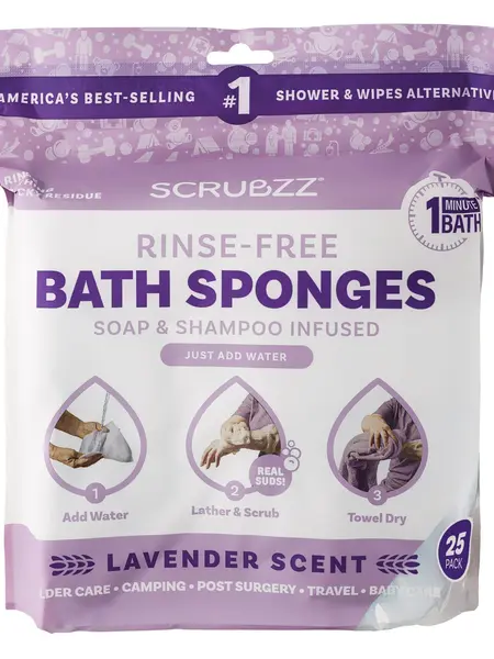 Scrubzz Disposable No Rinse Bathing Wipes - 25 Pack - Simply Dampen, Lather, and Dry Without Shampoo or Rinsing - Lavender