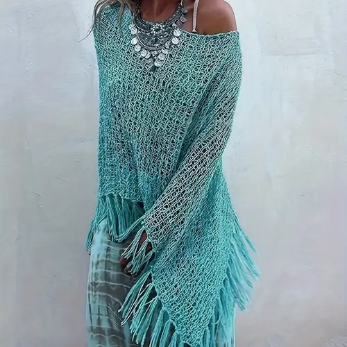 Women's Knit Top, Fringe Knit Top, Casual Knitwear Knitting for Summer, Fashion Fitted Women's Knit Clothing for Daily Wear, Womenswear, Oversized