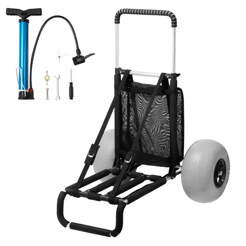 【Back to School】VEVOR Heavy-Duty Outdoor Aluminum Large Beach Dolly with 12" Transport Wheels for Sand, 29.9"x15.4" Cargo Deck, 165 lbs Capacity, 27-44.7" Height Adjust, Folding Gardening Cart