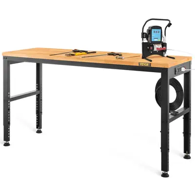 【Back to School Haul】VEVOR Heavy Duty Sturdy Workbench, 48" L x 20" W x 28.3"-38.1" Adjustable Height Garage Table (2000 LBS Load Capacity) with Power Outlets, Hardwood Top, Metal Frame, Foot Pads for Office, Gardening, Hitting