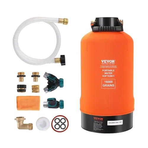 【Back to School】VEVOR Portable Outdoor Water Softener, 16000 Grain Food-Grade Resin System with 3/4" Brass Fittings, 42" Hose, Heavy Metal Capture, High Adsorption, Portable Size for RVs, Pressure Washing