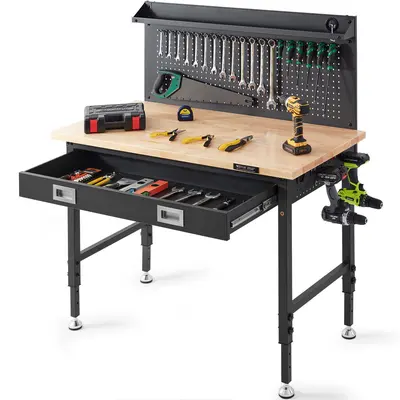 【Father's Day】VEVOR Workbench Adjustable Height 28-39.5" Work Bench For Garage Oak Plank & Carbon Steel Heavy Duty Workbench 2000lbs Weight Capacity Bench top Size 48x24" Hardwood Workbench 3m Cable 30 Hooks