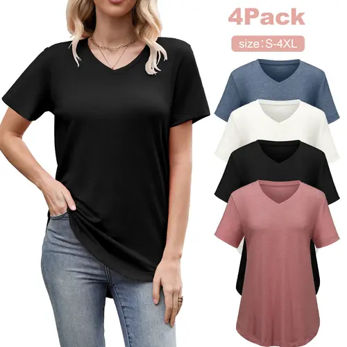 VILIGO Women's Casual V-Neck Plain Tees – Set of 4, Assorted Colors, Curved Hem for All-Day Comfort Summer Streetwear