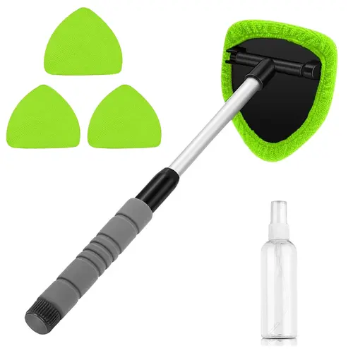 Windshield Cleaner Kit, Extendable Aluminum Alloy Handle Car Screen Cleaner with 180° Swivel Triangular Head, 3 Pcs Reusable Microfiber Pads, Automotive Car Washing Maintenance Accessory