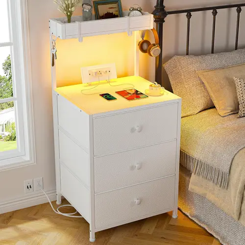 [Dorm Essential] Raybee Tall LED Nightstand with Charging Station,  LED Lights Nightstand with 3 Drawers and Shelves Bedside Table with USB Ports and Power Stripe, End Table for Bedroom Living Room, Apartment, Side Table with 4 Hooks, Mini Drawer Dresser