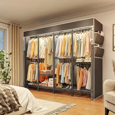 Raybee Clothing Rack, 76" W Clothes Rack with Cover, 1150LBS Heavy Duty Coat Rack 5 Hanging Rods, Freestanding Closet Rack Wardrobe for Bedroom Space Saver