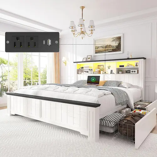 Raybee 47" Tall Luxury Wood Bed Frame for Full Queen King with 4 Storage Drawers,  LED Lights and Bulit-in Charging Station,  Farmhouse American Modern Platform Bed Frame with Bookcase & Headboard, Metal Frame & Slats, Holds 900LBS, Noise-Free