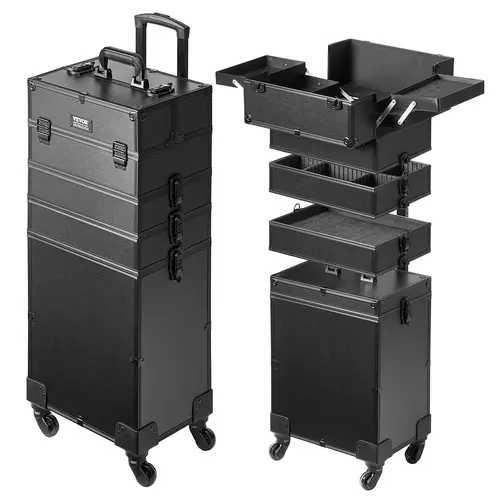 【Back to School】VEVOR 5-in-1 Professional Aluminum Makeup Train Case, Extra Large Rolling Trolley Travel Cosmetic Bag with 360° Swivel Wheels, Adjustable Pull Rod, Key Lock, MDF Board, Detachable Storage Compartments, Black (Ideal for Wedding), Travel Cos