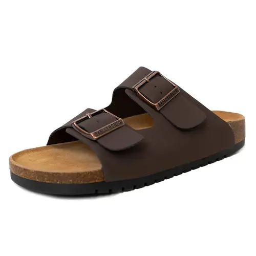 EVELLYHOOTD Durable Women's Arch Support Leather Sandals - Adjustable Double-Strap Buckle, Lane Cork Footbed, Open Toe Slip On, Outdoor Use (Suede Option) | Cork Style Sandals Women