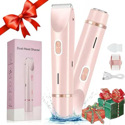Bikini Trimmer for Women, Electric Shaver and Razor Rechargeable 2-in-1 Body and Facial Epilator, Dual Heads for Painless Trimming of Pubic Hair, Face, Underarms and Legs, Summer Gift