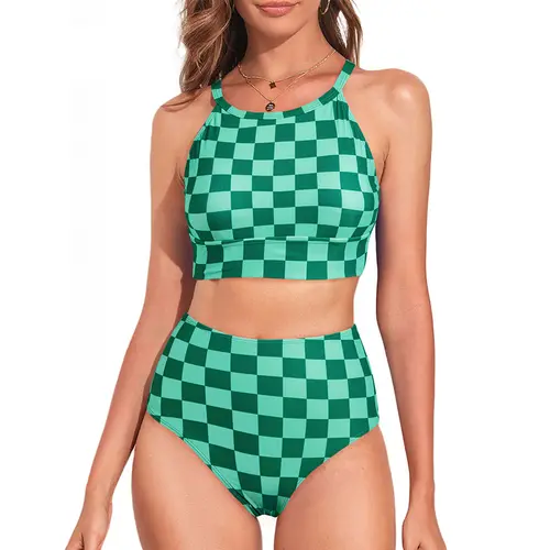 Aleumdr Women's 2-Piece High Neck Tropical Leaf Print High Waisted Tummy Control Colorblock Bikini Set, Sport Swimwear for SwimWeek, Summer Beach Vacation, Tummy Control Swimsuits, Colorblock Bikinis Set