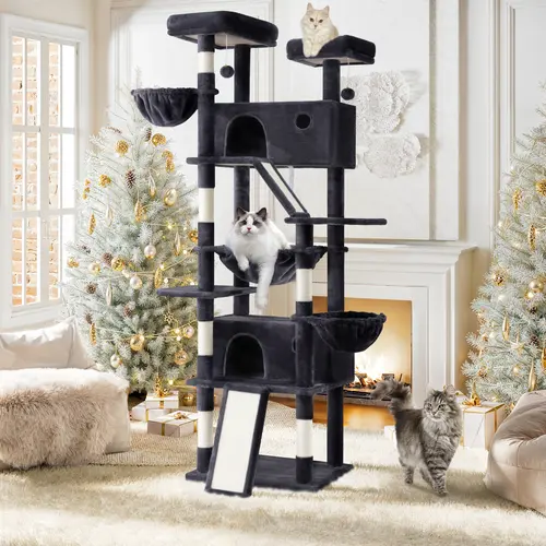 SHA CERLIN 81in/67in(6.8ft/5.6ft) Multi-Level Tall Cat Tree Tower, Larger Cat Condo with Hammock Napping, Sisal Scratching Posts, Wide Base for Steady Calm Play & Rest, Pet Furniture Gift Option, Wide Base Keeps Play Steady And Calm, sohochic