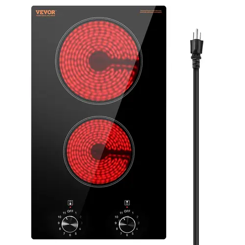 【Back to School】VEVOR 12-Inch 2-Burner Recessed Electric Cooktop, 1800W Multifunction Ceramic Radiant Stove Top with Glass Panel, Knob Control, 11 Heat Levels, 120V 60Hz, Kitchen Appliance for Diverse Cooking Needs Including Pregnant Women