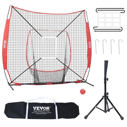 【Back to School】VEVOR 7x7 ft Baseball Softball Practice Net, Portable Sports Ball Training Equipment with Corrosion-Resistant Bow Frame, 600D Oxford Carry Bag, Strike Zone, Batting Tee + Red Ball, Durable Backstop