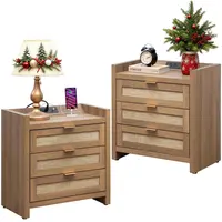 【SohoChic】SICOTAS Larger Rattan Night Stand - 15.4"D x 24.8"W x 26.5"H Nightstands with Type-C Charging Station, 3 Rattan Mesh Drawers, Usb port Boho Bedside Table End Table with Storage for Bedroom Sofa Couch Office, Robust and Stylish, Durable