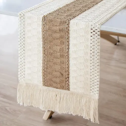 Natural Burlap Boho Macrame Rectangle Table Runner (72"x12") - Durable Rustic Woven Cotton Fabric, Tassels, Flower Plant Motifs, Handmade Charm, Boho Table Upgrade, Eventready Runner, Farmhouse Aesthetic Home Decor, Kitchen Linens,sohochic