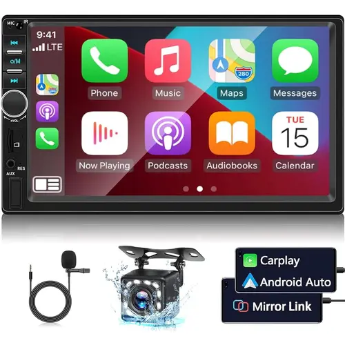 7 Inch Double Din Car Stereo - Carplay & Android Auto Car Radio, Smart Driving Companion with Mirrorlink, Highdefvideo, Bluetooth Handsfree, Touchscreen, USB/AUX/TF Playback, FM, EQ, SWC + Rear Camera + Microphone, SummerVibes,toolupgrade