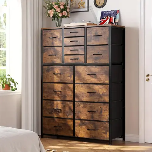 Raybee Furniture Tall 16-Drawer Fabric Dresser Cabinet - Wood Top, Metal Frame, Double X Stability, Drawer Organizer Cabinet, Storage Dresser for Bedroom, Closet, Entryway, Modern Dressers