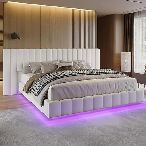 Amerlife King Size Modern Upholstered Bed Frame with LED Lit Velvet Fabric Oversized Headboard, Floating Design, RGB Lights, Channel Tufted Platform Base, No Box Spring Needed, Christmas Gift Idea, Led Lit Headboard #SohoChic