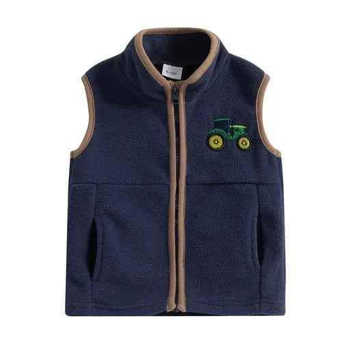 Toddler Baby Boy Fleece Vest Tractor Embroidery Sleeveless Zip Up Stand Collar Gilet Lightweight Warm Jacket Coat Fall Winter Casual Outerwear Waistcoat Western Country Farm Clothes #Christmas,Fall