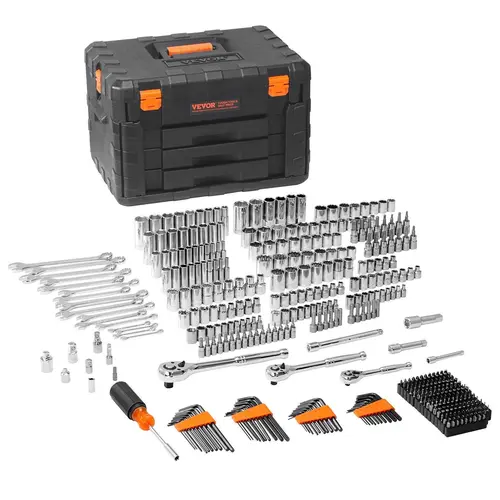 VEVOR Mechanic Hand Tool Kit with Tool Box, 1/4"-3/8"-1/2" Drive Deep & Standard Sockets, 145/205/450 Pcs SAE & Metric Set, Full Set Bits, Combination Wrenches, Hex Wrenches & Accessories for Auto/Home Fix Storage Case