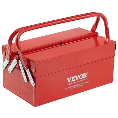 【Back to School】VEVOR Durable Metal Box 14-in Home Repair Toolbox, 2-Tier 3-Tray Portable Folding Tool Storage Kit with Handle & Lock Hole, 14 x 7.87 x 6.5 inches Smooth Opening Powder Coated Steel Cantilever Toolbox for Household Repair Shop, Red