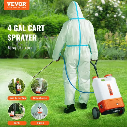 【Back to School】VEVOR Portable Battery-Powered Backpack Sprayer with Cart, 0-94 PSI Adjustable Pressure, 4 Gal Translucent Tank on Wheels, 8 Nozzles, 2 Wands, 12V 7.2Ah Battery, Wide Mouth Lid, Shoulder Straps, Handles Any Spraying Tasks