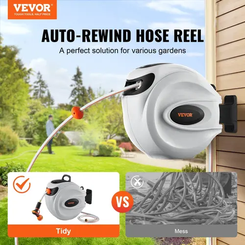 【Backtoschool】VEVOR Wall Mount Retractable Hose Reel, 130'x1/2" Heavy-Duty Coiled Hose Watering Equipment, 9-Pattern Extended Nozzle Watering Equipment, 180° Swivel Bracket, Automatic Rewind, Lock-at-Any-Length, Slow Return System for Washing Car, Garden,