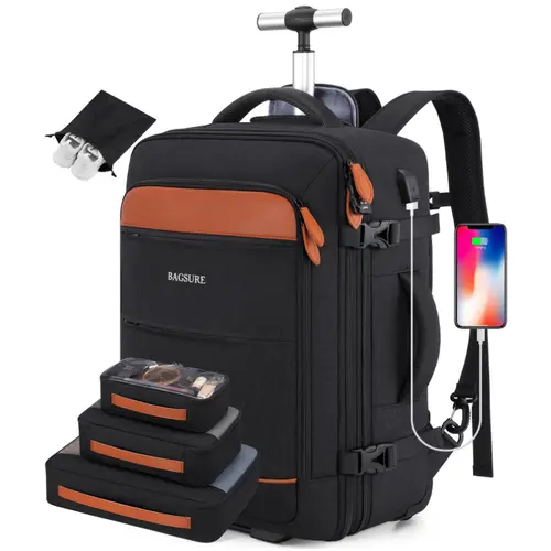 BAGSURE Rolling Backpack with Wheels 17.3 Inch Carry-On Laptop Backpack for Men Women Large Capacity Durable Travel Backpack Anti-Theft Features,summerwins,vacationoutfits,beachoutfits