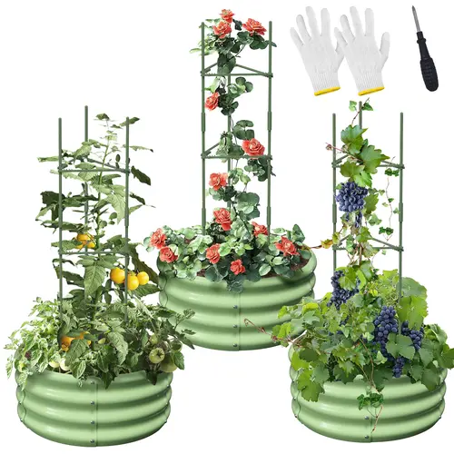 Lilypelle 3-Pack Round Galvanized Raised Bed Kit, 24x24x12in Stackable Powder Coated Elevated Planting Boxes with Tomato Trellis, Outdoor Climbing Planting Stand, Vertical Gardening Solution,sohochic