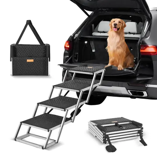 【toolupgrade】VEVOR 4-Step Wide Dog Car Stairs, Foldable Lightweight Aluminum Pet Ramp with Nonslip Surface, Portable Cars Accessories for SUV/Truck, Supports Small Dogs & Grooming Use Up to 150 lbs