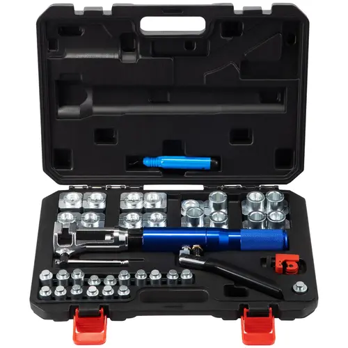 【toolupgrade】VEVOR 45° Double Hydraulic Flaring Mechanic Tool Set, 32 PCS with Tube Cutter & Deburrer for 3/16"-1/2" Copper Lines, GM-Compatible Plumbing Kit with Pressure Relief Valve for Brake Repair, Tool Storage Kit