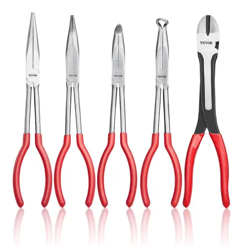 【toolupgrade】VEVOR 5-Piece Needle Nose Pliers 11 in Long Needle Nose Pliers SetDiagonal Cutting Pliers45°/ 90° Bent Nose PlierRound Nose PlierLong Nose PlierProfessional Pliers Set with Storage Bag