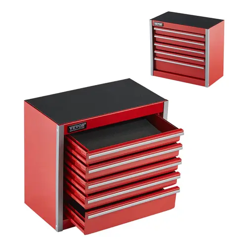 【toolupgrade】VEVOR 8.6-in Portable Steel Body Tool Box - 5-Drawer Heavy-Duty Tool Storage Kit with EVA Liners, PP Feet Pads, Ball Bearing Opening, Powder Coated Finish for Vanity, Desk with Storage, Workshop (Red), Office