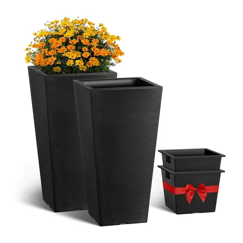 【toolupgrade】VEVOR 2-Pack 22in Tall Polypropylene (PP Plastic) Outdoor/Indoor Planters, Black Tapered Square Pots with Modern Design, Built-in Drainage Hole for Busy Homes’ Front Porch Plants